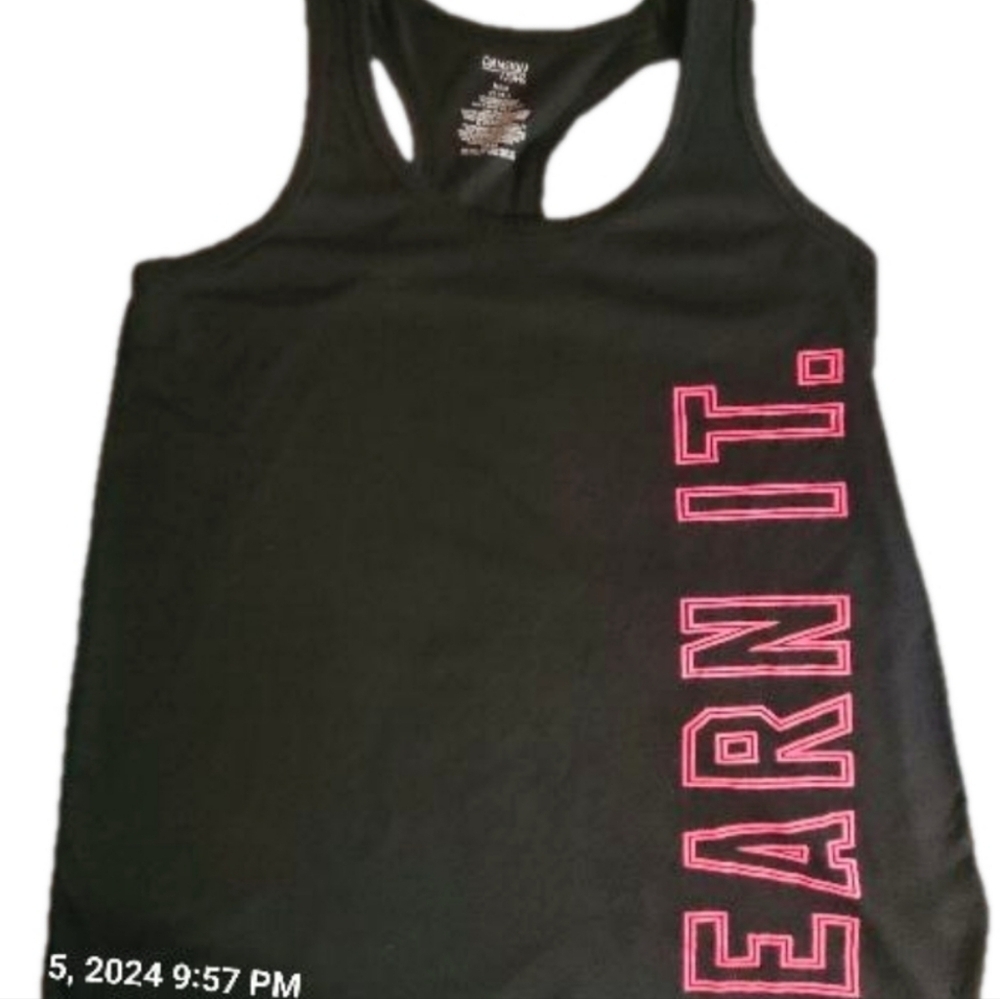 DANSKIN NOW, Black, racerback tank top with "Earn It" in hot pink. Sz.L - Picture 3 of 7